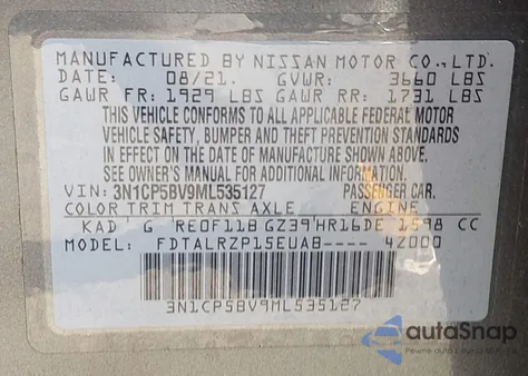 2021 Nissan Kicks S Xtronic Cvt из США, поврежденный, VIN 3N1CP5BV9ML535127